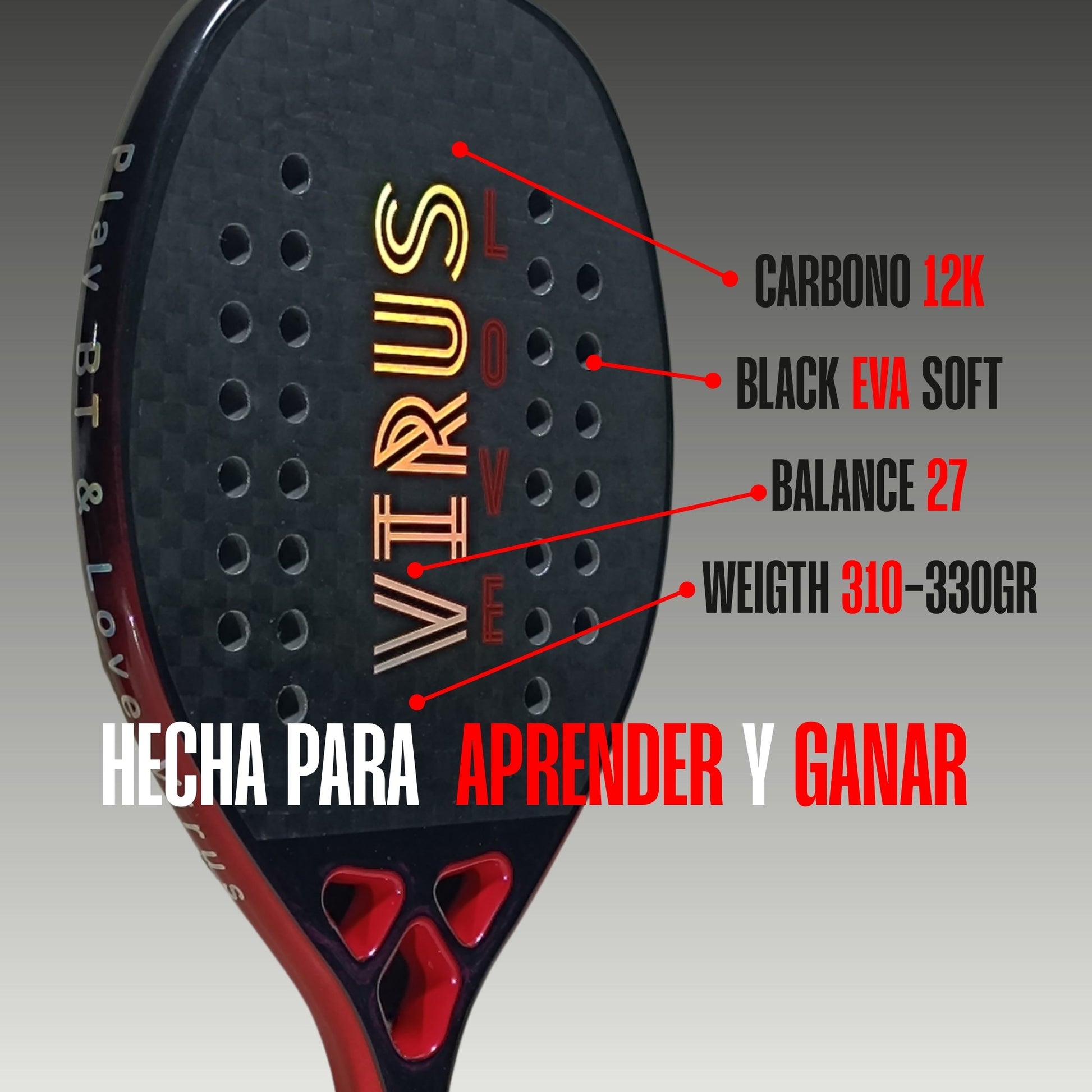  Raqueta VIRUS LOVE vista lateral mostrando caracteristicas principales

