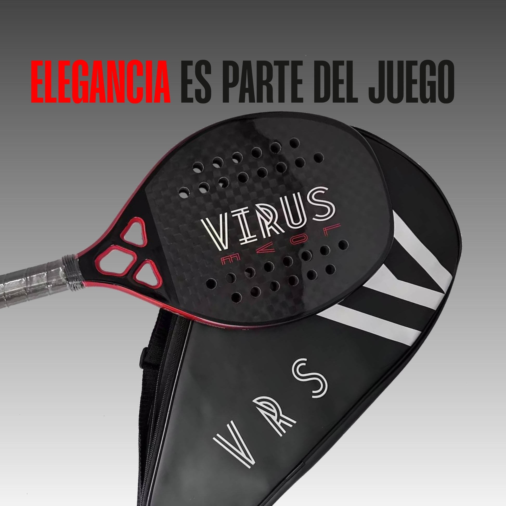 Raqueta VIRUS LOVE en ángulo diagonal con su funda elegante
