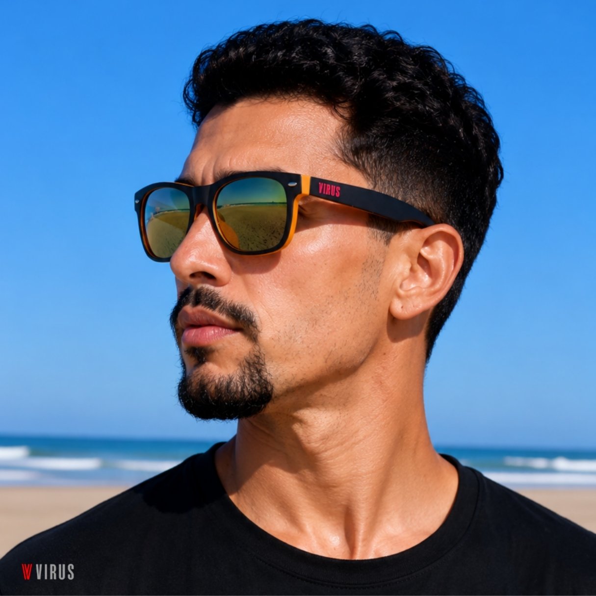 Hombre con gafas de sol VIRUS Rainbow frente al mar