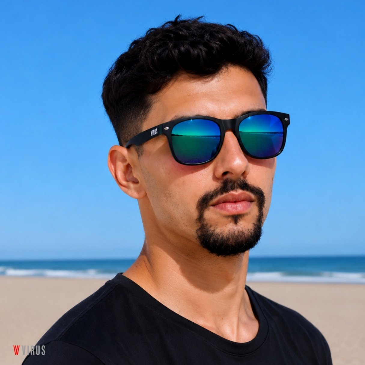 Hombre con gafas de sol VIRUS Rainbow en la playa